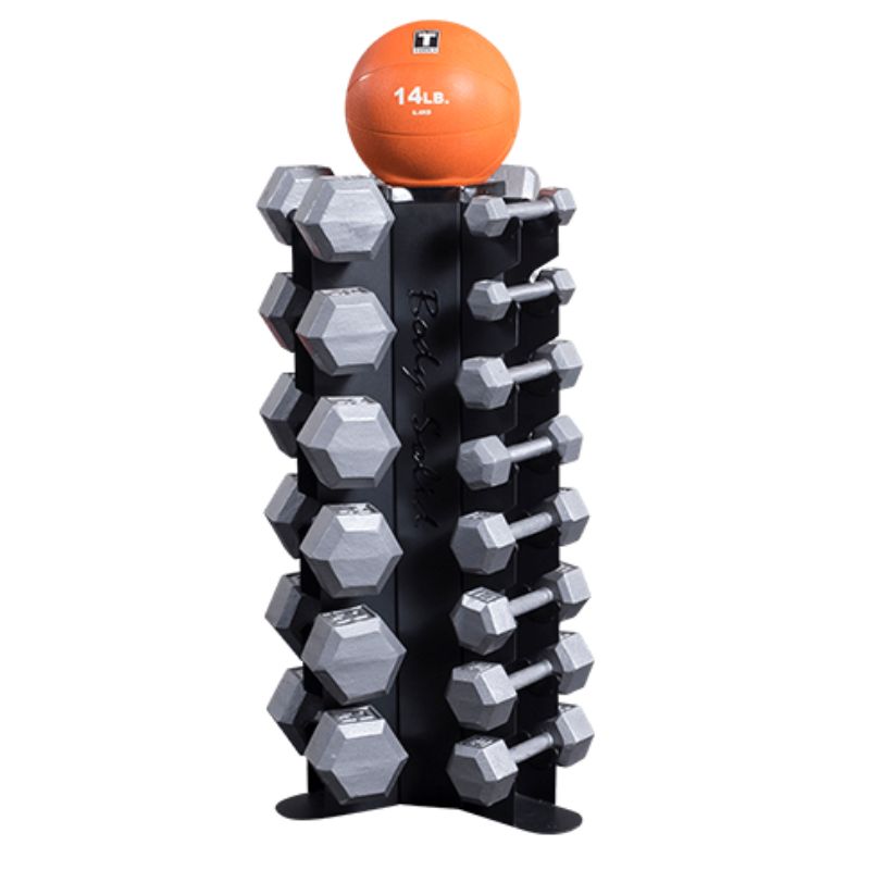 Body-Solid 3-Sided Vertical Dumbbell Rack - GDR80 With Cast Iron Hex Dumbbell Set and 14 lb Stability Ball