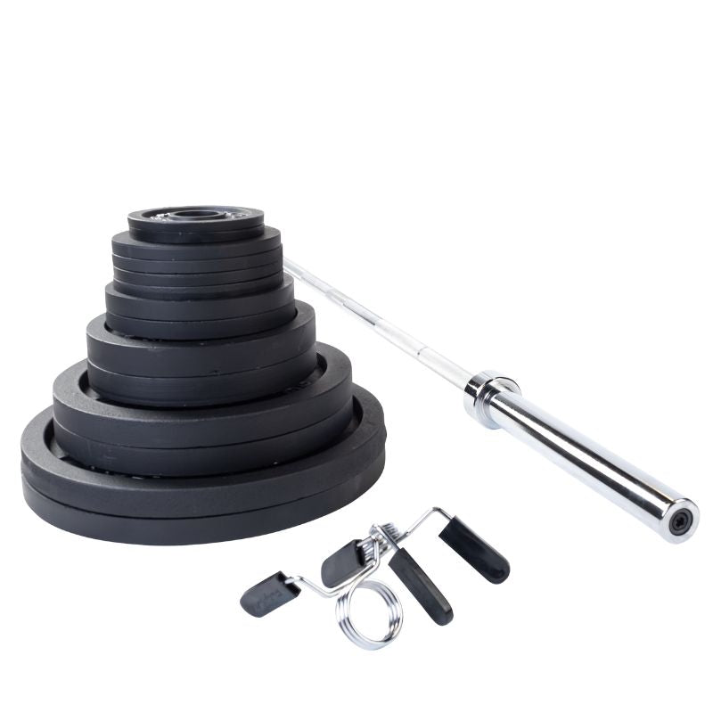 Body-Solid Cast Iron Olympic Weight Barbell Sets 300 lb olympic weight plate set with chrome barbell