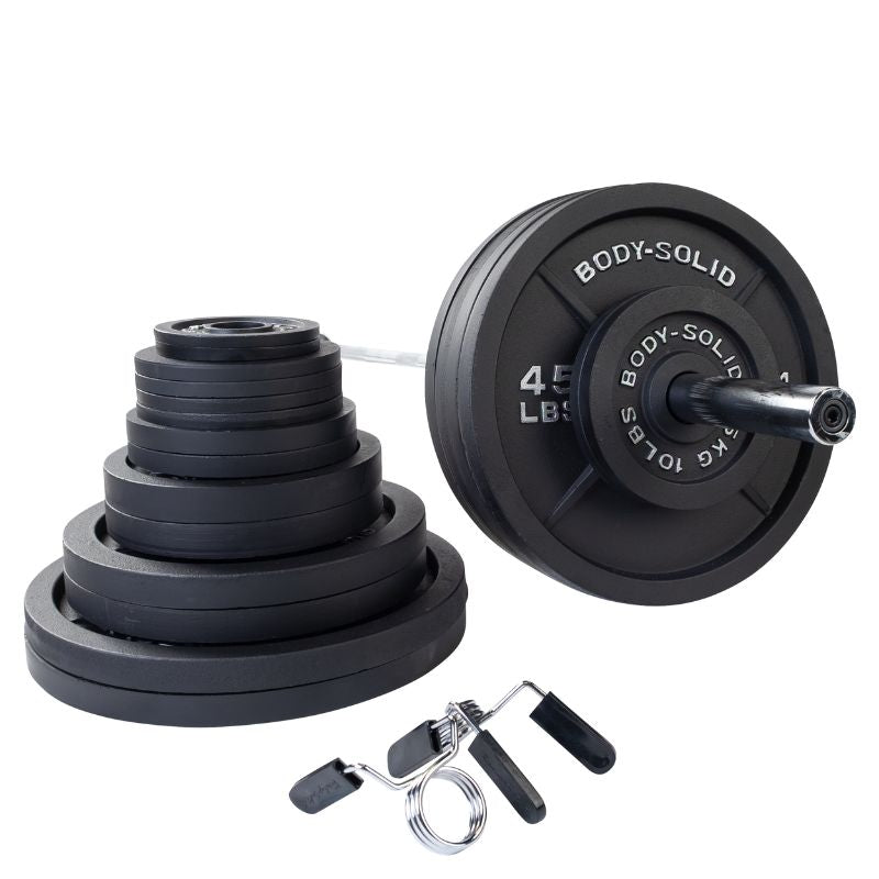 Body-Solid Cast Iron Olympic Weight Barbell Sets 500 lb olympic weight plate set with chrome barbell