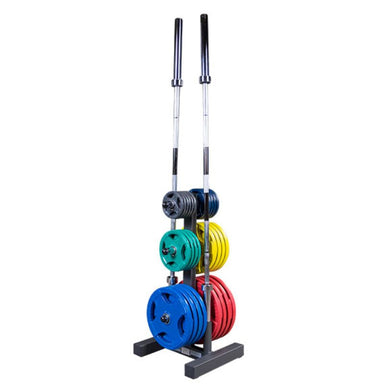 Body-Solid Olympic Plate Tree & Bar Holder - WT46 with Body Solid Color Rubber Grip Olympic Plates and Olympic Bars
