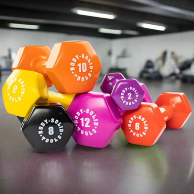 Body-Solid Tools Vinyl Dumbbells Set inside Gym