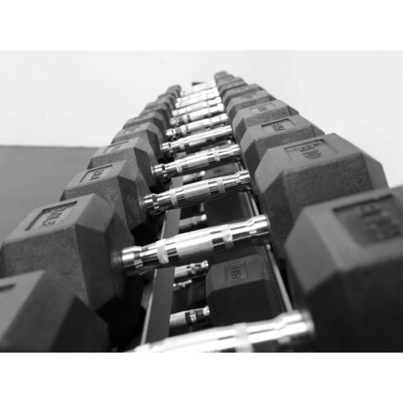 BodyKore RB5100 5-100lb Rubber Hex Dumbbell Set Knurled ergonomic stainless steel contoured handles