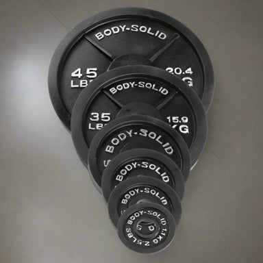 Body Solid Cast Iron Olympic Plates 45 lb, 35 lb, 25 lb, 10 lb, 5 lb, 2.5 lb inside Gym Floor