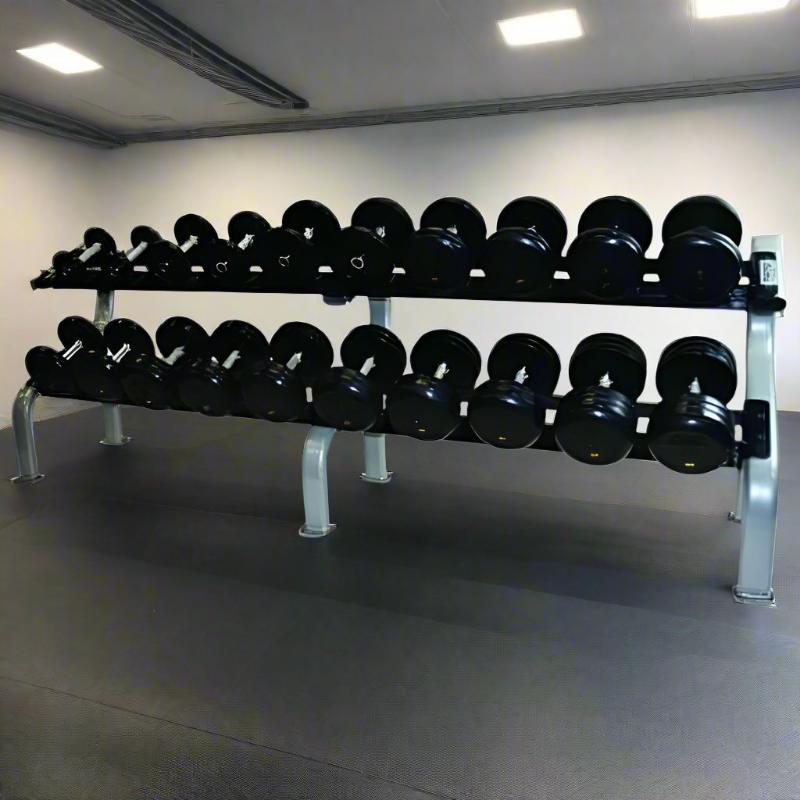 COMMPAC-RUFDR100 TROY 5-100lb Rubber-Encased Pro-Style Dumbbell with Saddle Rack
