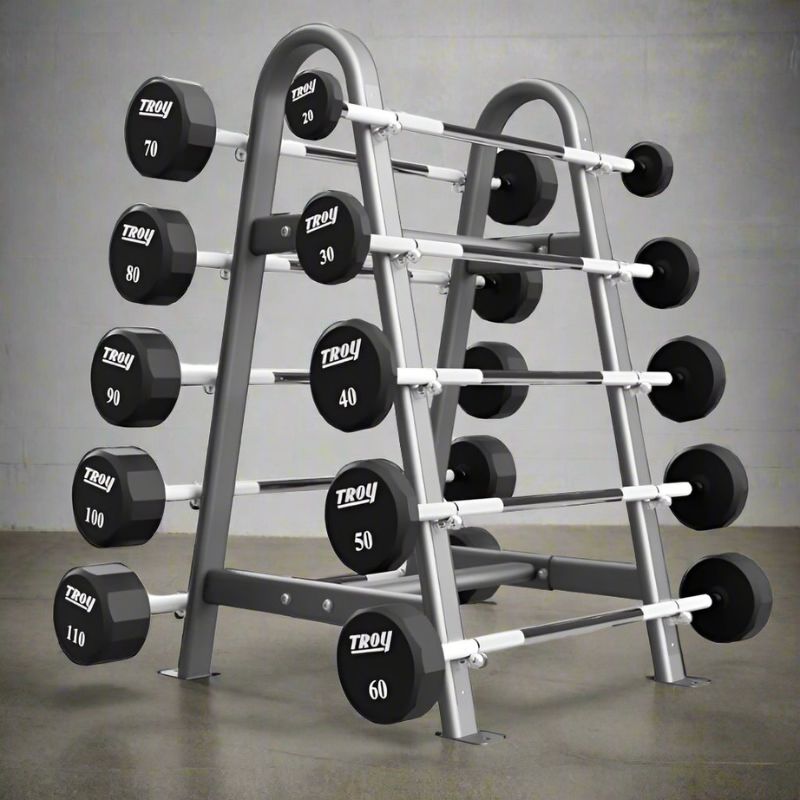 COMMPAC-TSBU110 Troy 12-Sided Urethane Straight Barbell Set with Rack