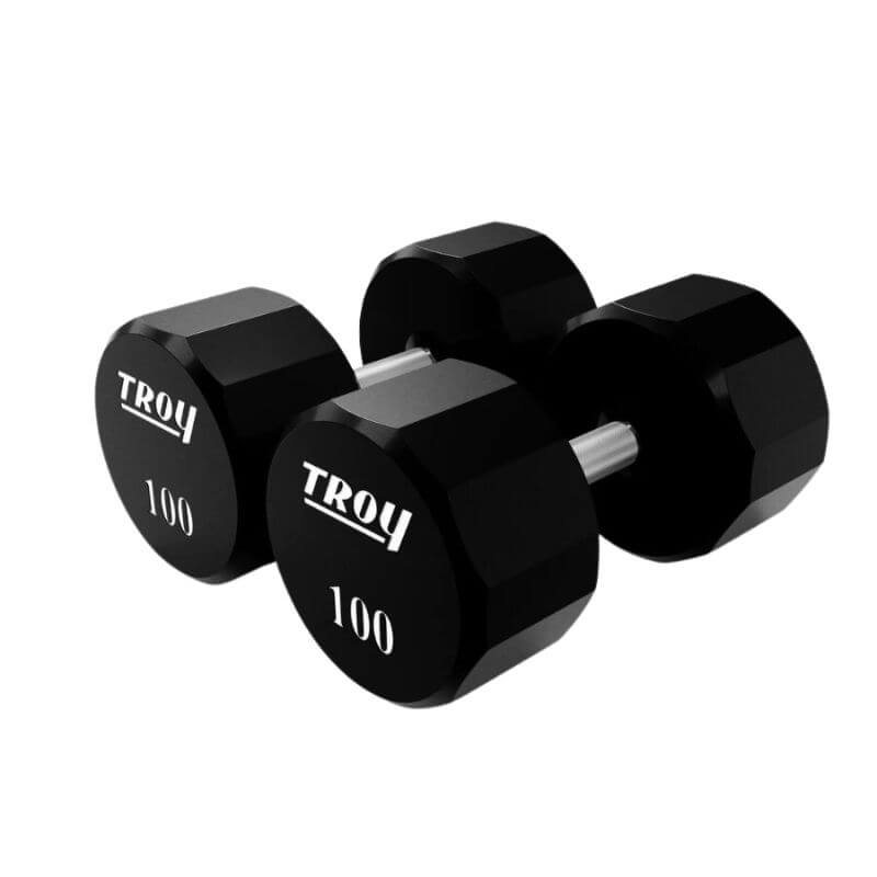 COMMPAC-TSDU100 TROY 12-Sided 5-100lb Urethane Dumbbell Set with Racks 100lb Pair