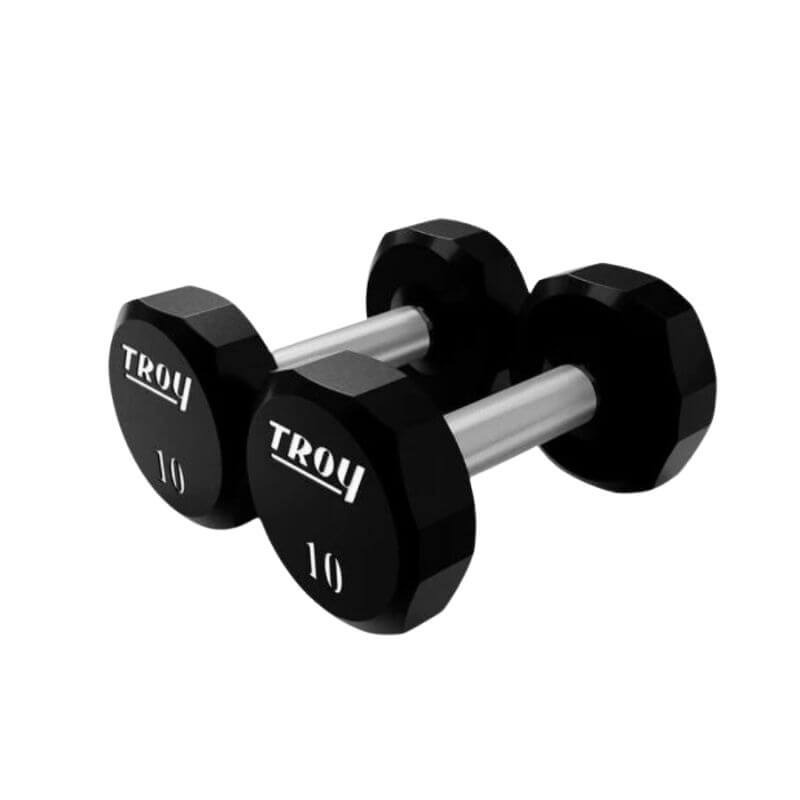 COMMPAC-TSDU100 TROY 12- Sided 5- 100lb Urethane Dumbbell Set with Racks 10lb Pair