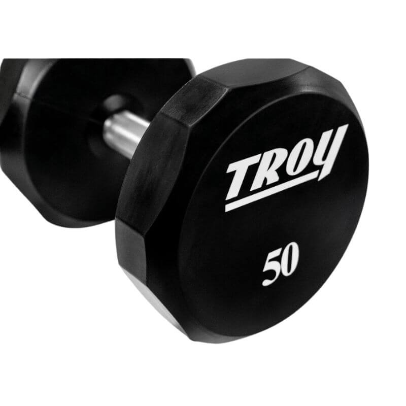 COMMPAC-TSDU100 TROY 12-Sided 5-100lb Urethane Dumbbell Set with Racks 50 lb
