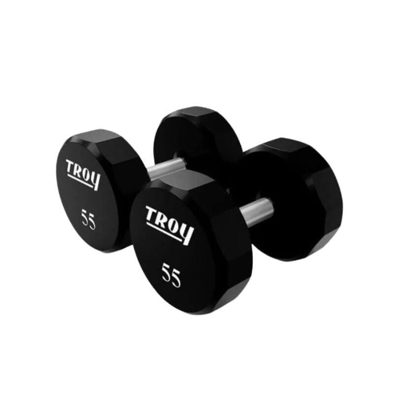 COMMPAC-TSDU100 TROY 12-Sided 5-100lb Urethane Dumbbell Set with Racks 50lb