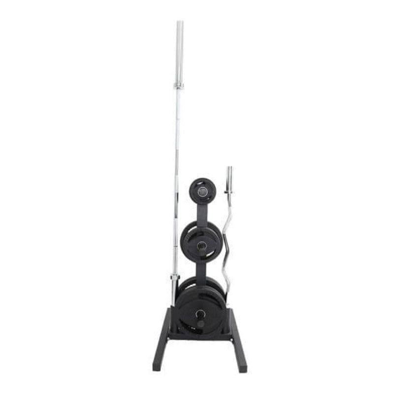 TKO 255Lb Olympic Rubber Plate set w/ Plate Tree, Retail Olympic Bar and Curl Bar | S6205-OR255+BARS