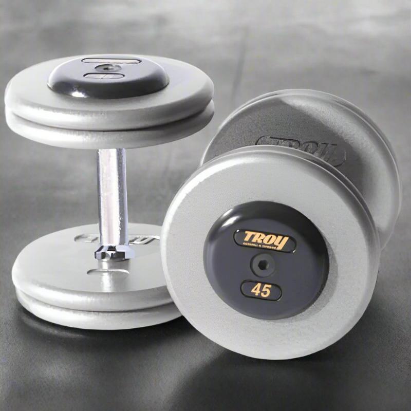 HFD-R TROY Pro-Style Gray Dumbbell Straight Handle Rubber End Caps 45 lb Pair