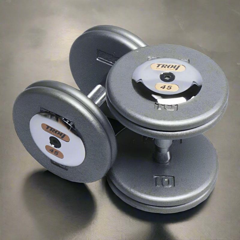 HFDC-C TROY Pro-Style Gray Dumbbell Contoured Handle Chrome End Caps 45 lb Pair