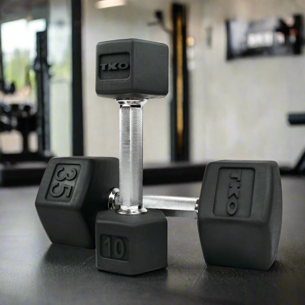 TKO 5-50 lb Rubber Hex Dumbbell Set, Tri-Grip