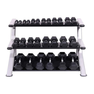 Intek Strength Three Tier Dumbbell Rack with Sample Dumbbells in Front View Black Color