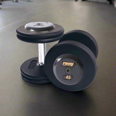 PFD-R TROY Pro-Style Black Dumbbell Straight Handle Rubber End Caps 45 lb Pair