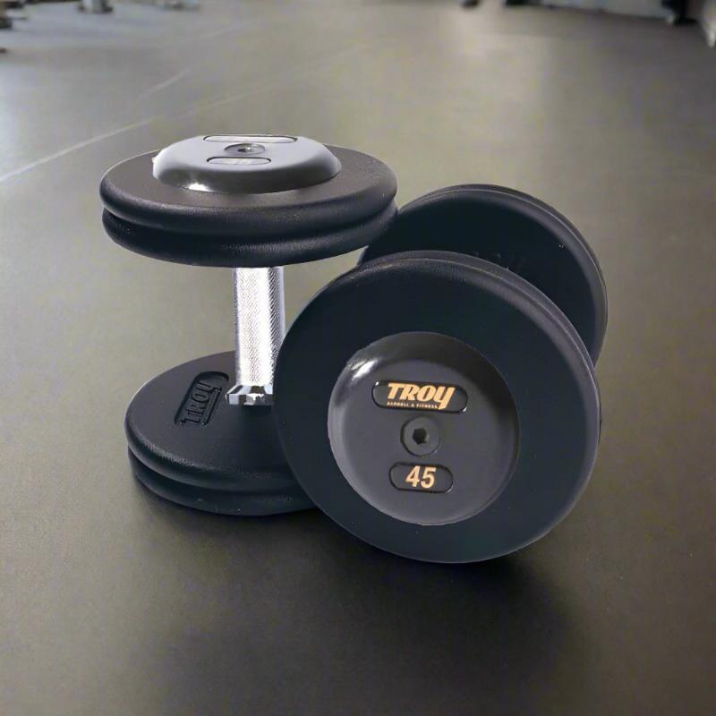 PFD-R TROY Pro-Style Black Dumbbell Straight Handle Rubber End Caps 45 lb Pair