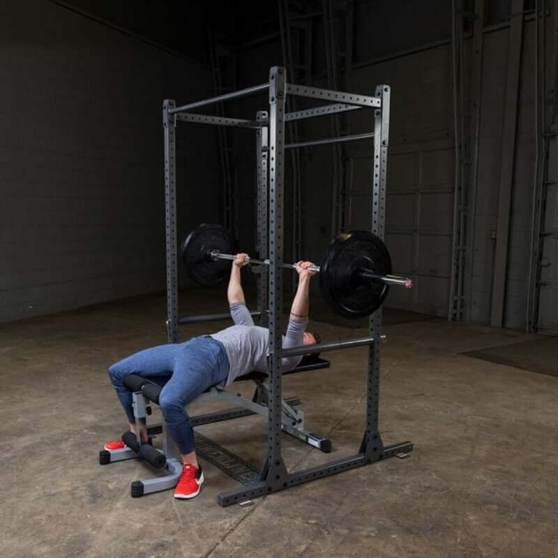 PPR1000  Body Solid Powerline Premium Power Rack Sample Exercise with Barbell and Bench
