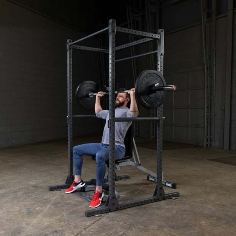 PPR1000  Body Solid Powerline Premium Power Rack Sample Exercise with Barbell and Bench
