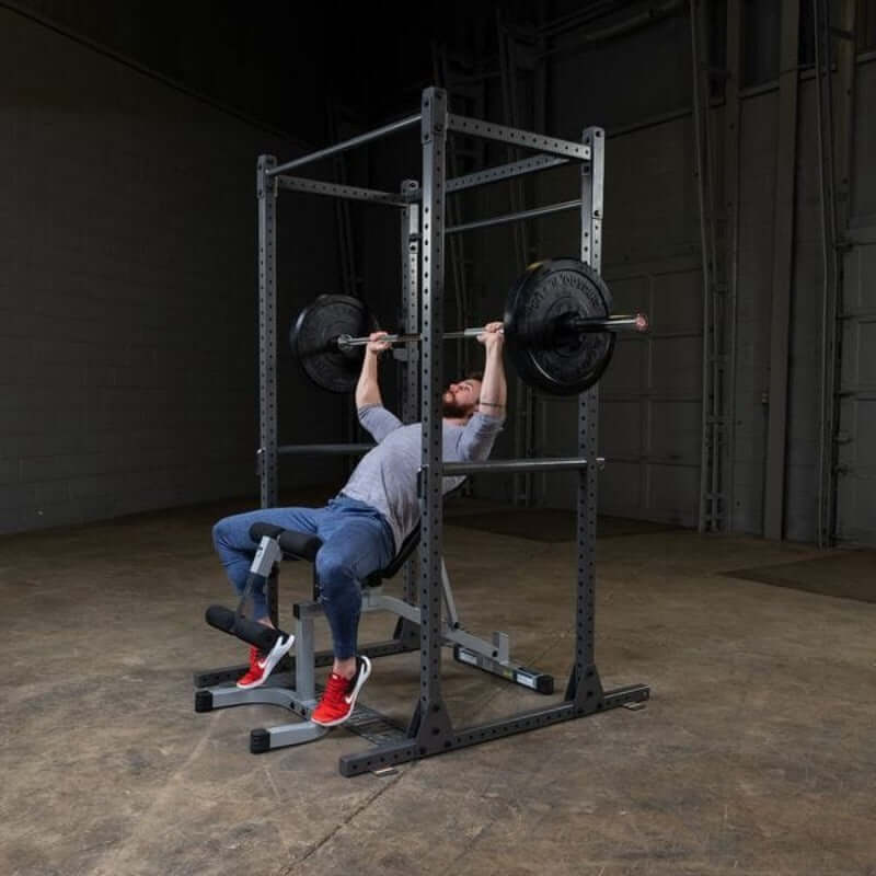PPR1000  Body Solid Powerline Premium Power Rack Sample Exercise with Barbell and Bench