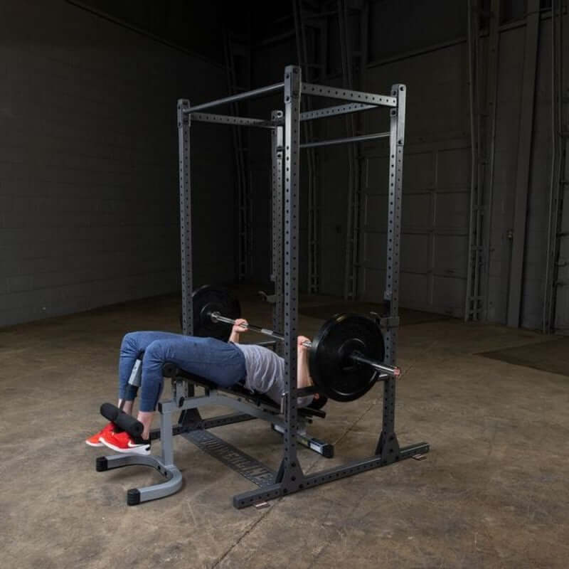 PPR1000  Body Solid Powerline Premium Power Rack Sample Exercise with Barbell and Bench