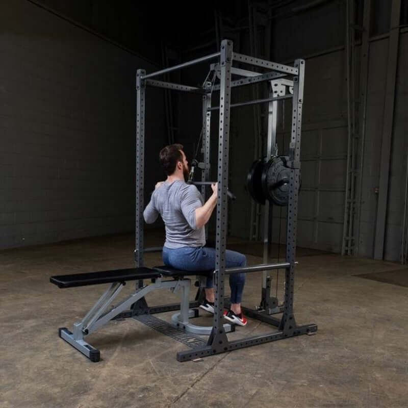 PPR1000  Body Solid Powerline Premium Power Rack Sample Exercise with Barbell and Bench