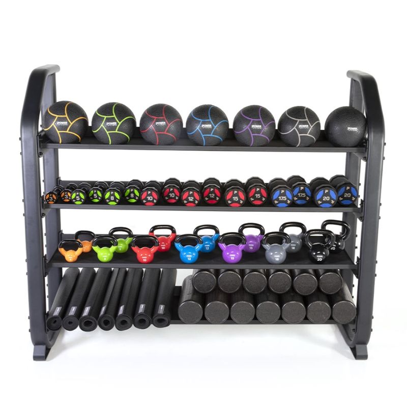 Power Systems Denali Series Multipurpose Rack Front View With Balls, Dumbbells, Kettlebells and other Accessories
