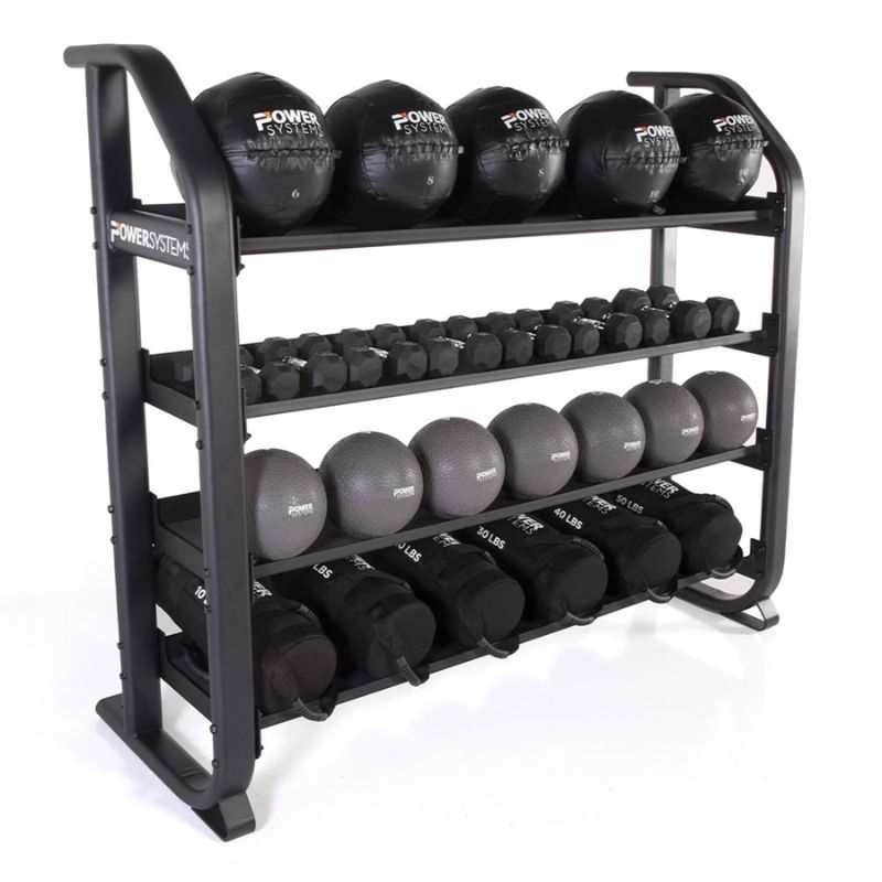 Power Systems Denali Series Multipurpose Rack Right Side View with Slam Balls, Dumbbells, Medicine Balls, and Performance Bags
