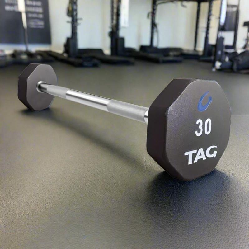 R8BBEL-STRT TAG Fitness 8 Sided 20-115 lb and Set, Virgin Rubber Barbell with Straight Handle 30 lb