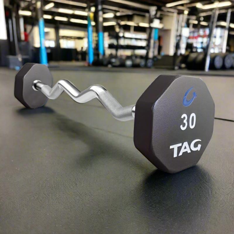 R8BBELL-EZ TAG Fitness 8 Sided 20-110 lb and Set Virgin Rubber Barbell with EZ Curl Handle 30 lb