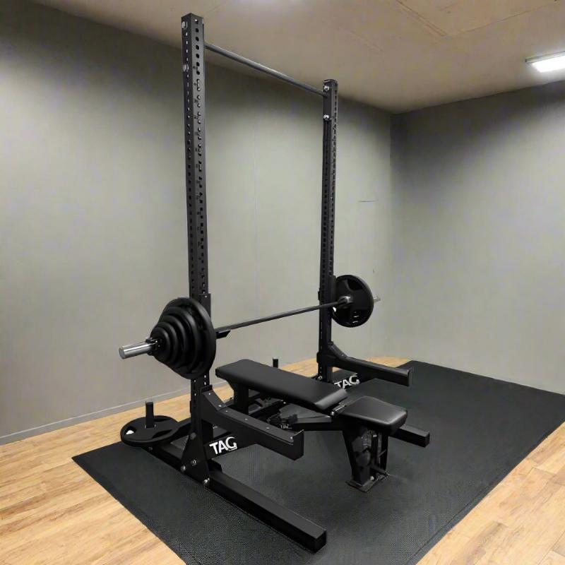 RCK-SLIM90 TAG Fitness SLIM90 (Rack Only with Spotter Arms, J-hooks and Rear Plate Storage) Sample with Barbell and Bench