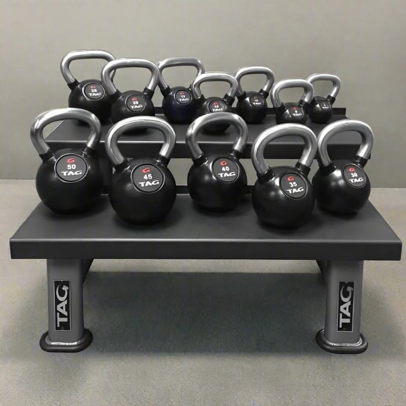 RKETL TAG Fitness Rubber Encased Kettlebell with Chemical Chrome Handle Sample with Rack