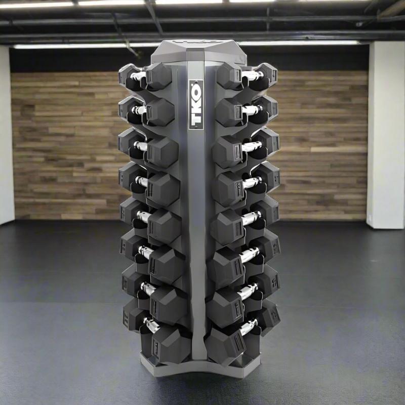 S826-RXM8 TKO  5-30lb Rubber Hex Dumbbell Set, Contour with 8 Pair Rack