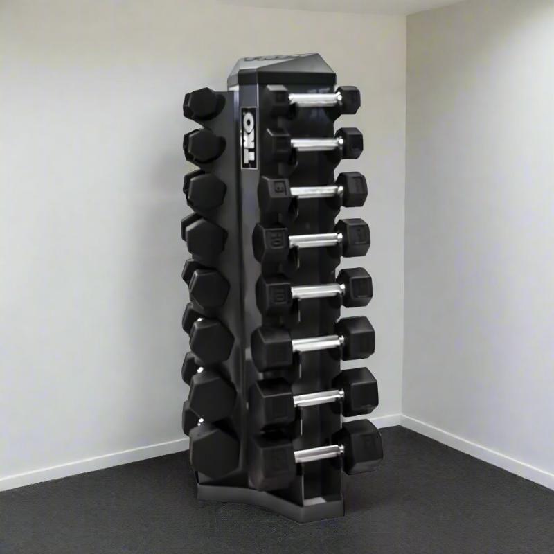 S826-TXRL8 TKO  3-25lb Rubber Hex  Tri-Grip Handle Dumbbells with 8 Pair Rack