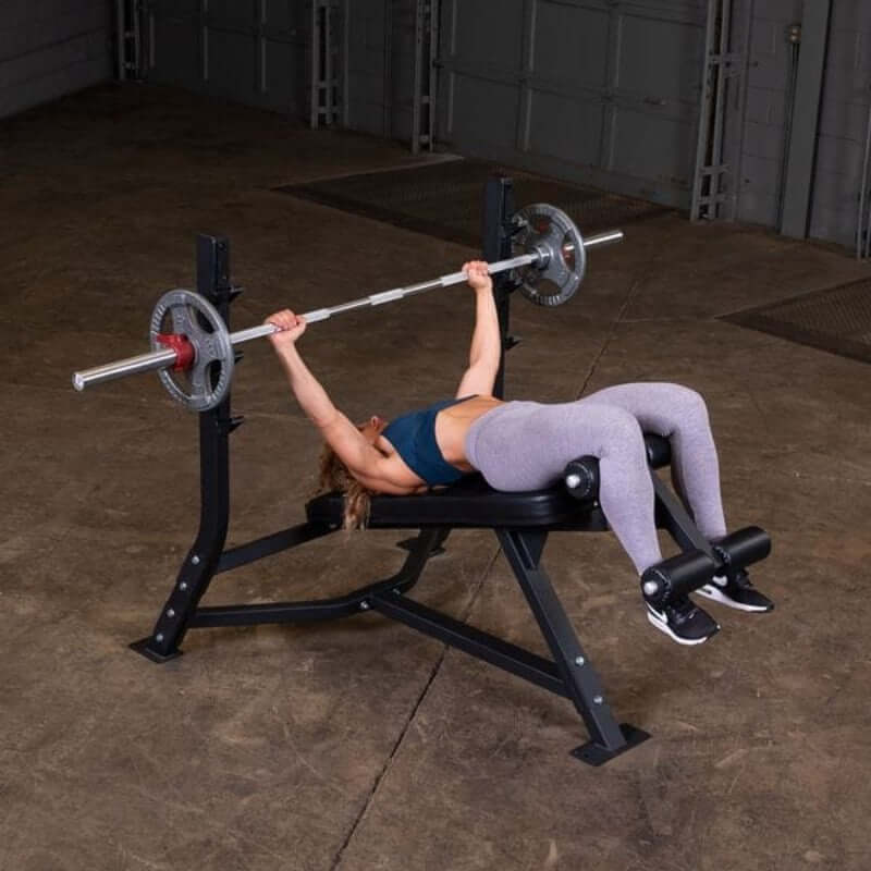SODB250  Body Solid Pro Clubline Olympic Decline Bench Sample Exercise with Barbell