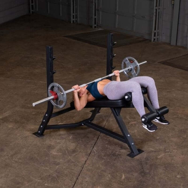SODB250  Body Solid Pro Clubline Olympic Decline Bench Sample Exercise with Barbell