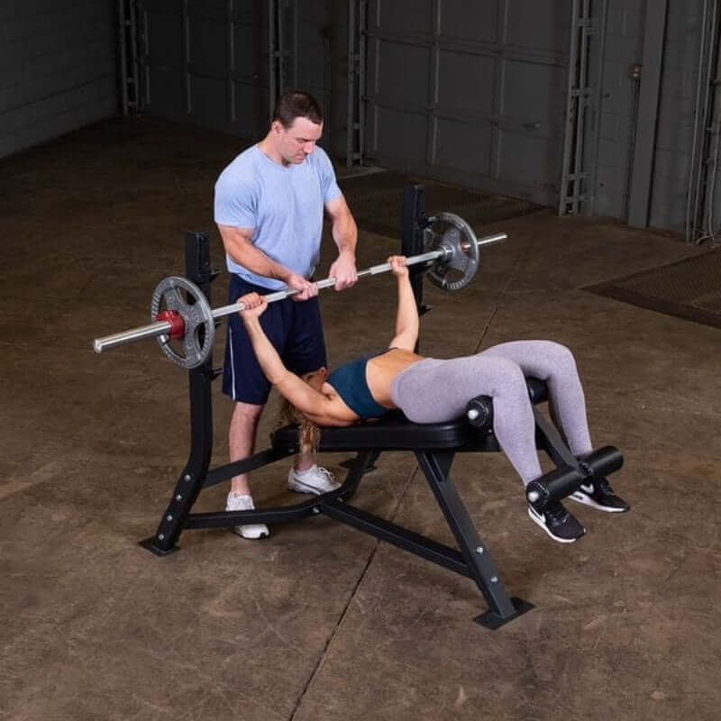 SODB250  Body Solid Pro Clubline Olympic Decline Bench Sample Exercise with Barbell