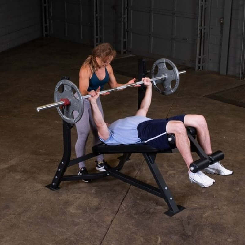 SODB250  Body Solid Pro Clubline Olympic Decline Bench Sample Exercise with Barbell