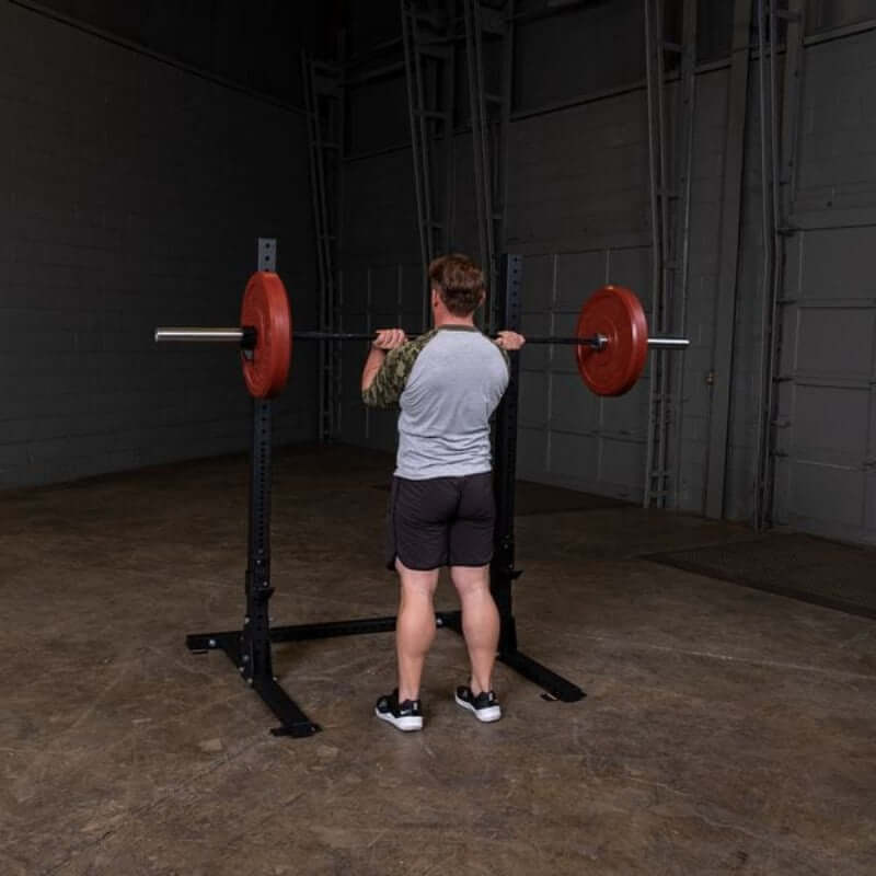 SPR250  Body Solid Pro Clubline Squat Stand Sample Exercise with Barbell