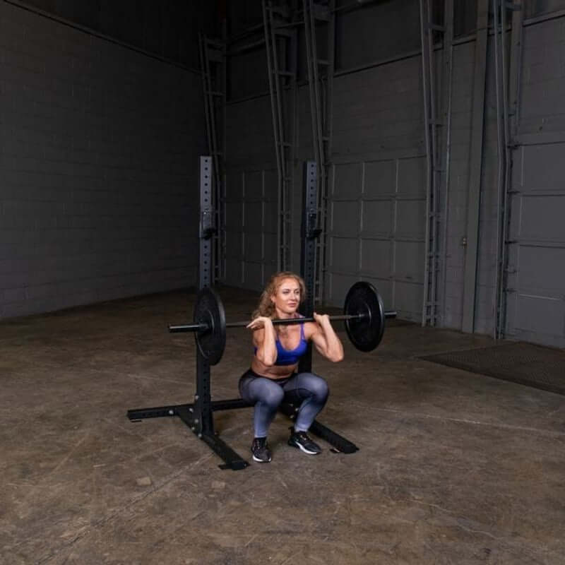 SPR250  Body Solid Pro Clubline Squat Stand Sample Exercise with Barbell