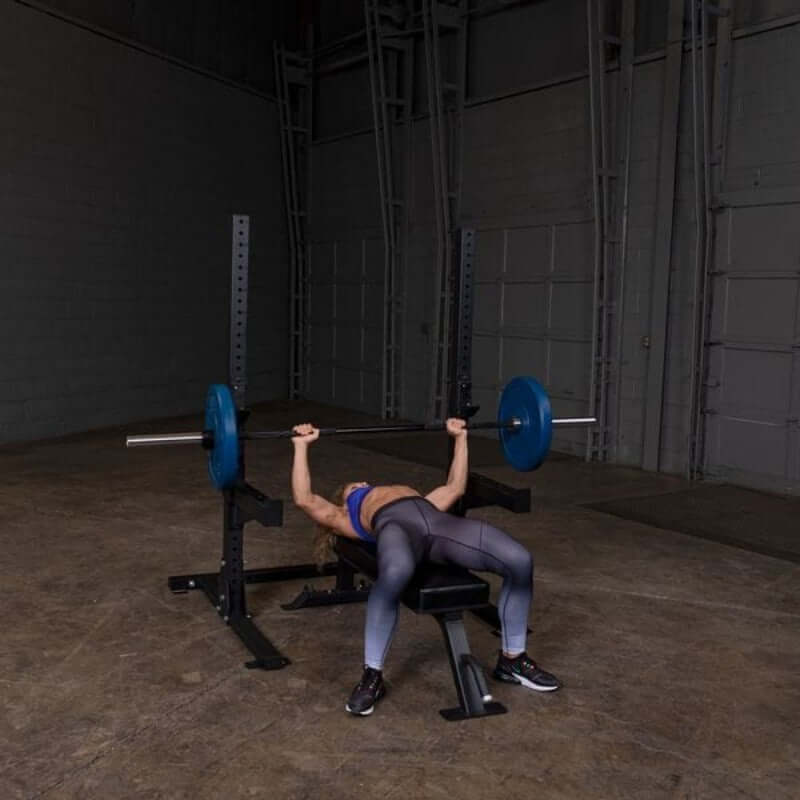SPR250  Body Solid Pro Clubline Squat Stand Sample Exercise with  Bench and Barbell