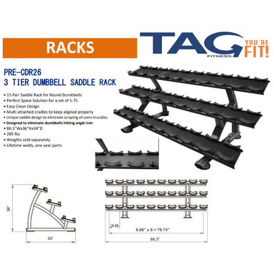 TAG Fitness 3-Tier Saddle Rack (Holds 15 Pairs) Dimensions