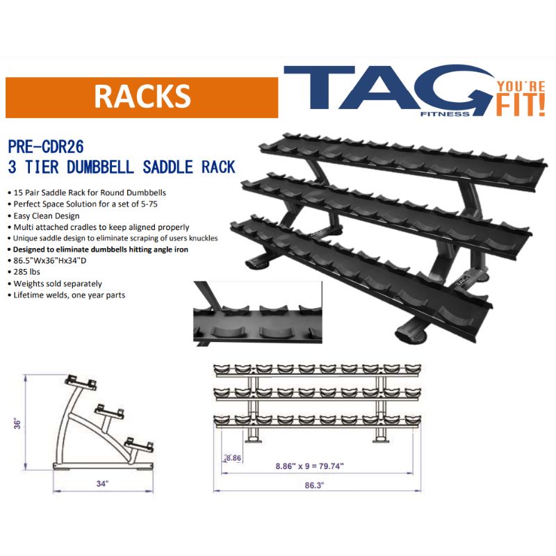 TAG Fitness 3-Tier Saddle Rack (Holds 15 Pairs) Dimensions