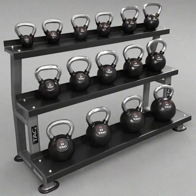 TAG Fitness 3-Tier Kettlebell Rack - Black Frame inside Gym  with Kettlebell Set