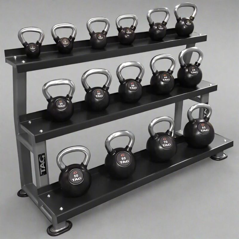 TAG Fitness 3-Tier Kettlebell Rack - Black Frame inside Gym with Kettlebell Set