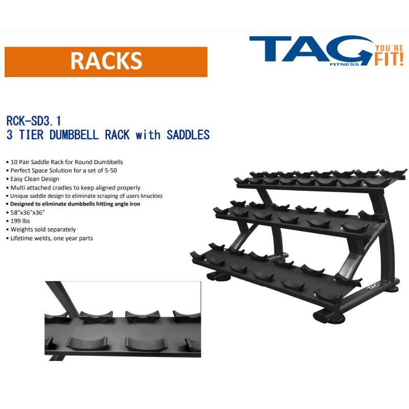 TAG Fitness RCK-SD3.1-B 3 Tier Dumbbell Rack with Saddles Black Frame(10 Pair) Specifications