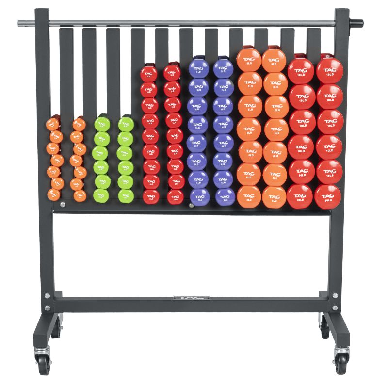 TAG Fitness Vinyl Coated Beauty Bell Dumbbells Set with Rack