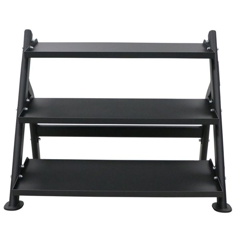TKO Strength 3-Tier Shelf Dumbbell Rack for Hex Dumbbells - 6235-B Front and Top View