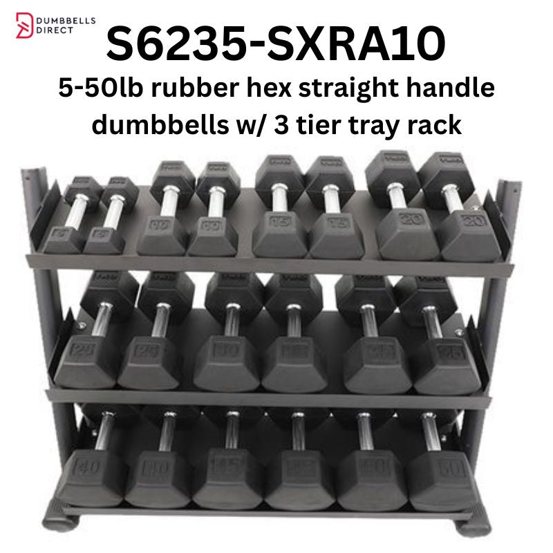 TKO Strength 3-Tier Shelf Dumbbell Rack for Hex Dumbbells - 6235-B with 5-50lb Rubber Hex Straight Handle Dumbbells