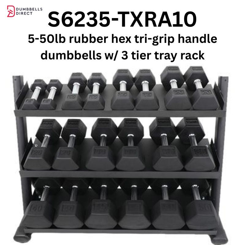 TKO Strength 3-Tier Shelf Dumbbell Rack for Hex Dumbbells - 6235-B with 5-50lb Rubber Hex Tri-Grip Handle Dumbbells