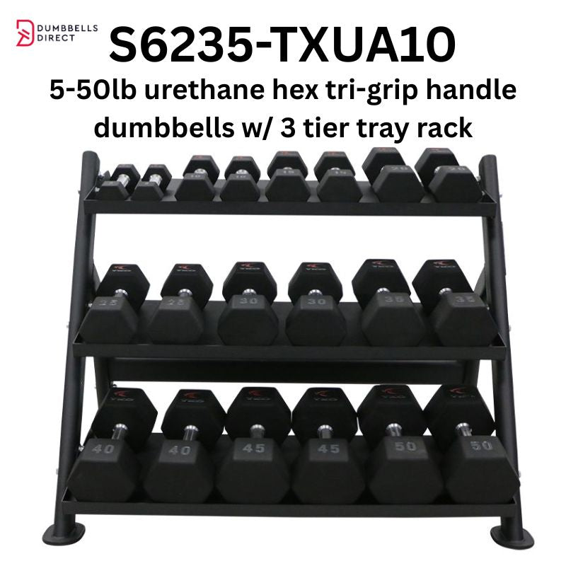 TKO Strength 3-Tier Shelf Dumbbell Rack for Hex Dumbbells - 6235-B with 5-50lb Urethane Hex Tri-Grip Handle Dumbbells